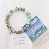 Aqua tides or beachy blues with sandy jaspers