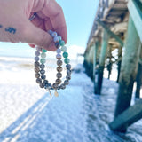 Aqua tides or beachy blues with sandy jaspers