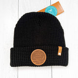 Black waffle leather patch beanie